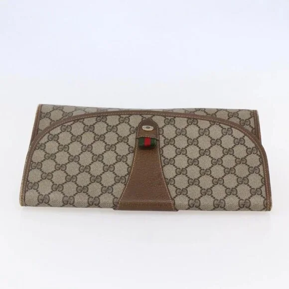 GUCCI GG Supreme Web Sherry Line Clutch Bag PVC Leather Beige Red